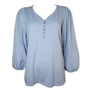 Soft Surroundings Top Womens L Large Light Blue Puff Sleeve Elowyn Buttons 2GH60